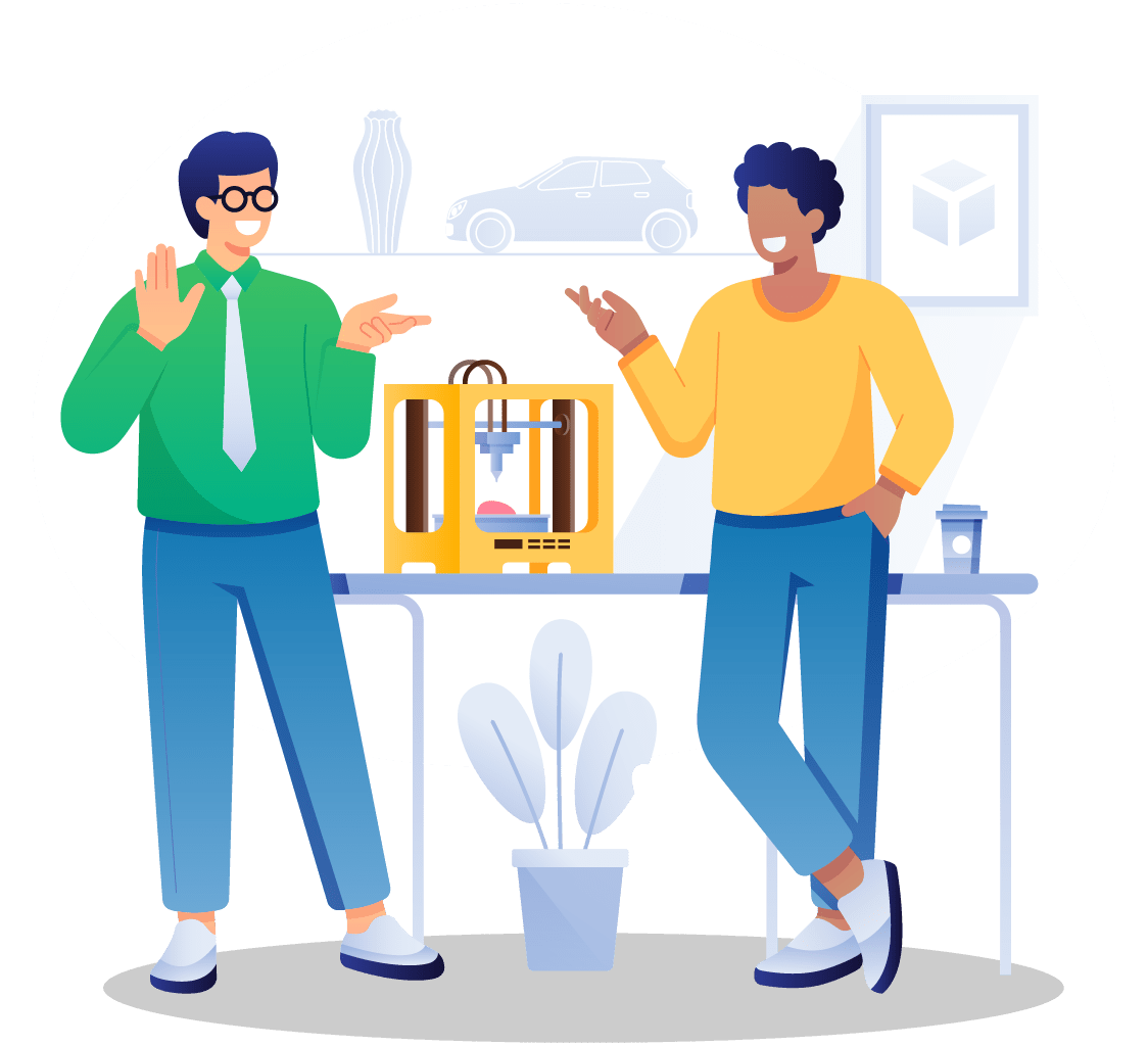 Zwei Freelancer für 3D-Druck diskutieren vor einem 3D-Drucker über ein individuelles 3D-Druckprojekt.