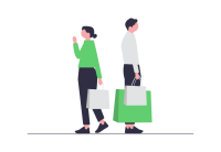 Illustration zweier Personen beim Einkaufen mit 3D-gedruckten Taschen